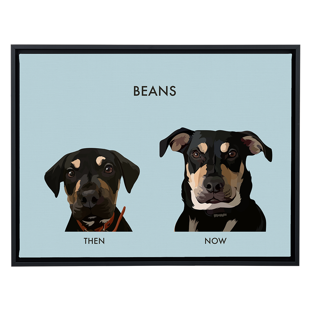 Black-framed canvas displaying two stylized portraits of the same black and tan dog named "Beans." The left portrait, labeled "THEN," shows the dog as a puppy, and the right portrait, labeled "NOW," shows the dog as an adult, all set against a light blue background.