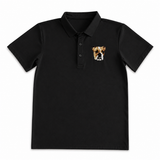 A black short-sleeve polo shirt with a three-button placket and a small embroidered bulldog face on the left chest, displayed on a solid white background[Black]