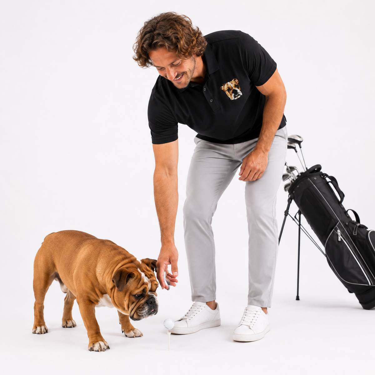 A man in a black polo shirt with a dog logo and light gray trousers bends down to pet a brown English Bulldog on a white studio background, with a black golf bag standing nearby.