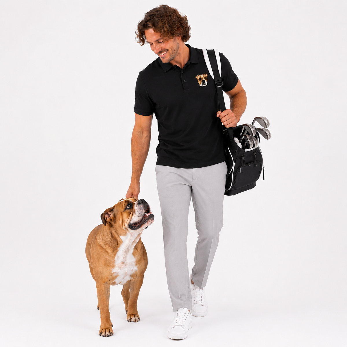 A man wearing a black polo shirt, light gray trousers, and white sneakers walks while petting a brown and white dog. He is carrying a black golf bag with clubs over his shoulder on a clean white studio background.