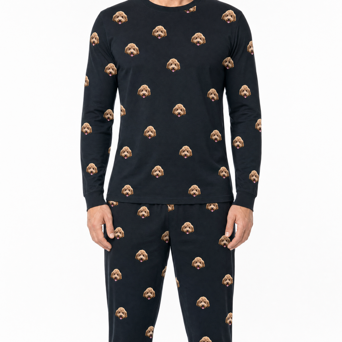 Black jogger pajama set with dog pattern on a white background