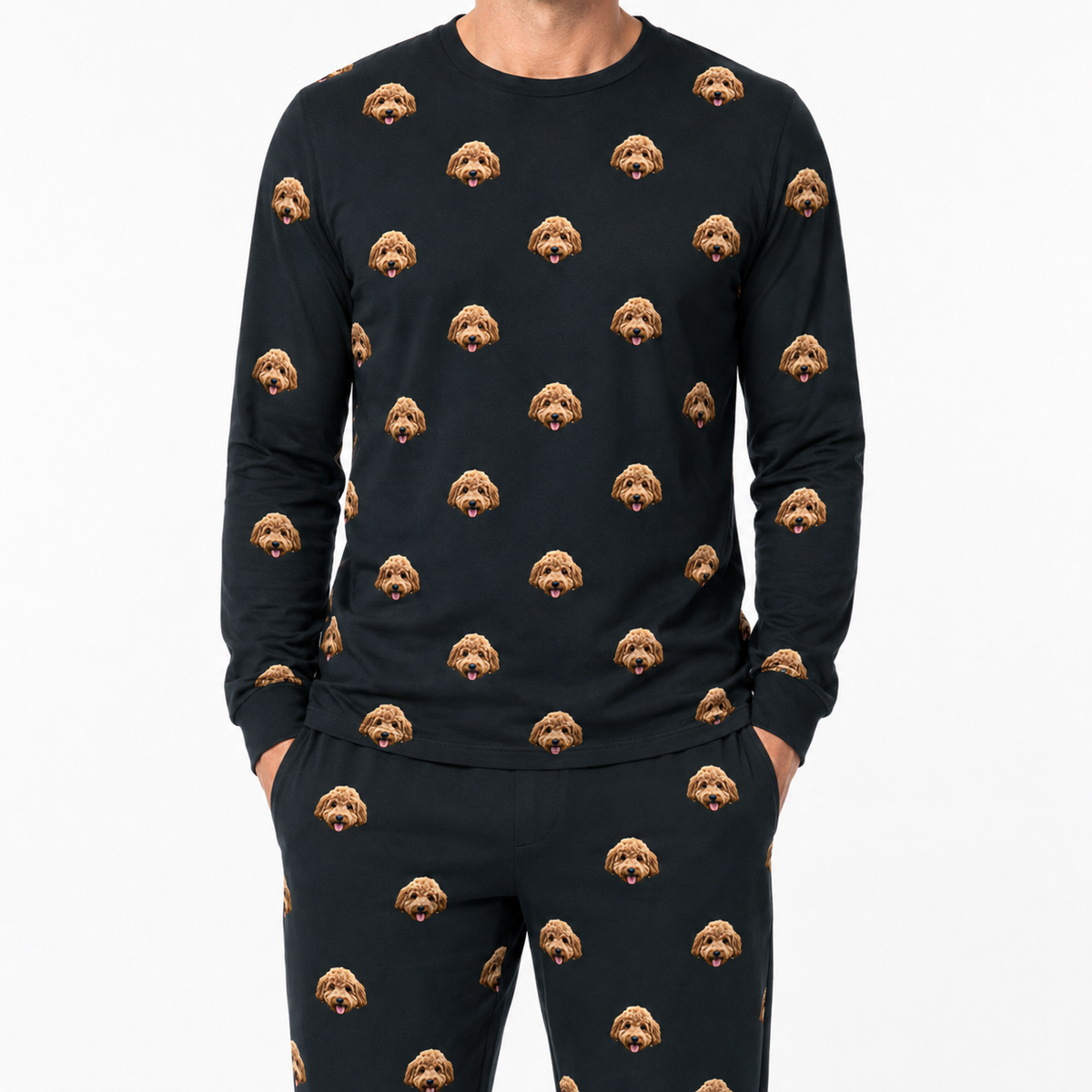 Black jogger pajama set with dog pattern on a white background