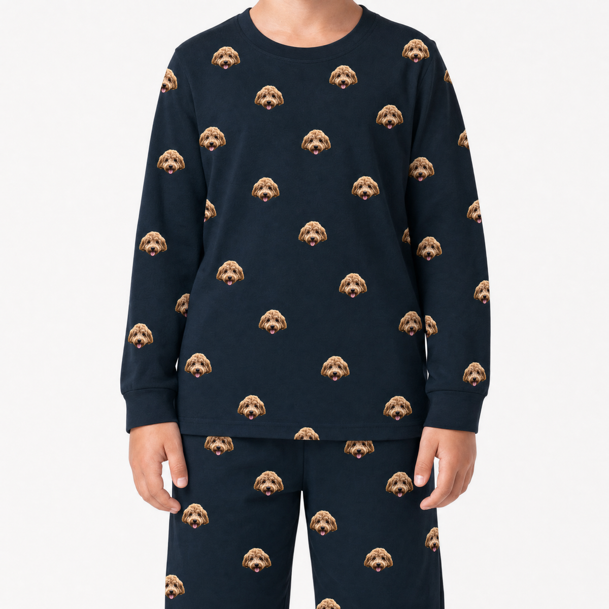 Black jogger pajama set with dog pattern on a white background
