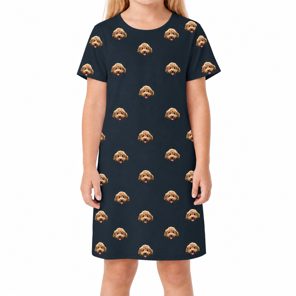 Black nightgown with dog pattern worn by a person on a white background