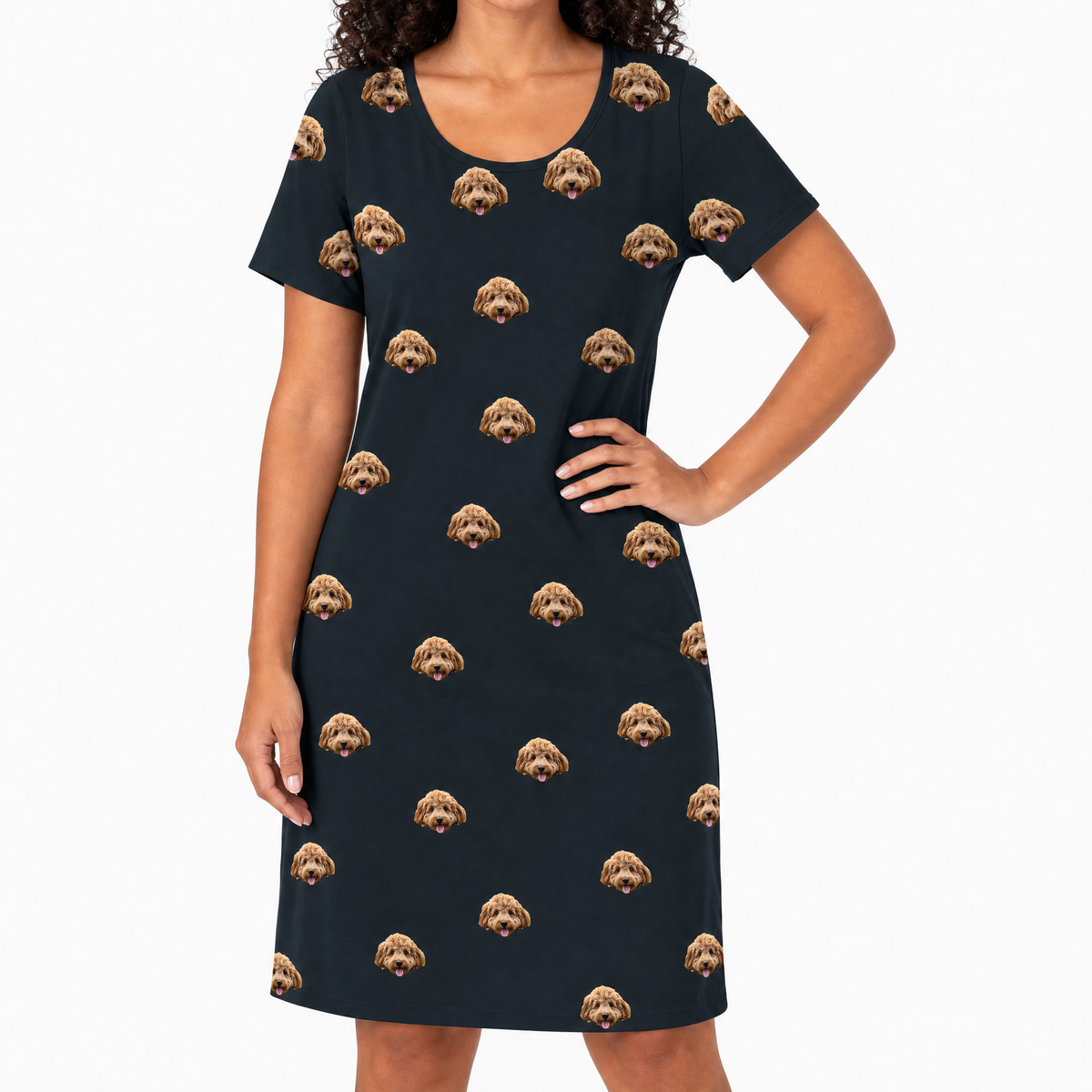 Black nightgown with dog pattern worn by a person on a white background