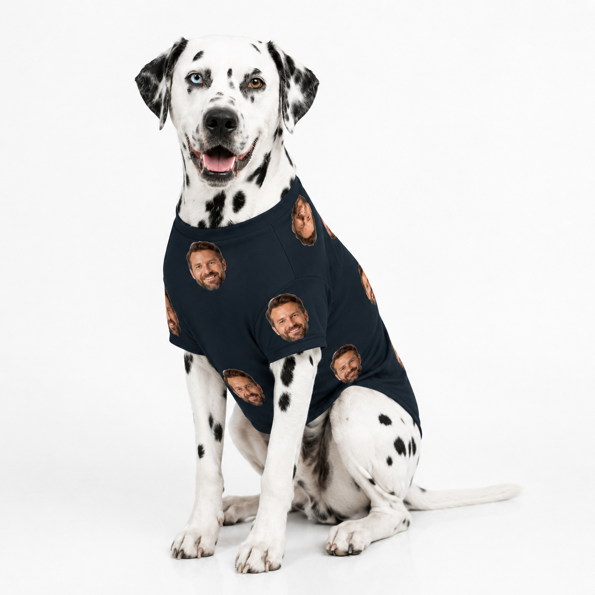 Dalmatian wearing a black custom dog shirt with a repeating face pattern on a white studio background.