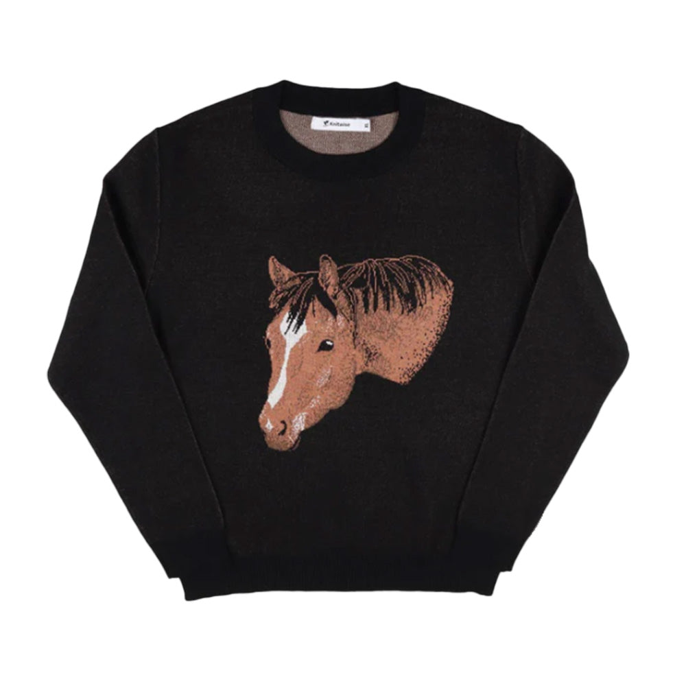 Black knit sweater with a horse in the center