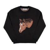 Black knit sweater with a horse in the center