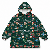 A dark green hooded sweatshirt with an all-over Christmas-themed print featuring cartoon bears, Santa hats, reindeer, gift boxes, and text like 'Dad, the gift shopping is done!' and 'A Griswold Christmas.' The hoodie is shown flat against a plain white background.