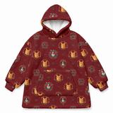A hooded sweatshirt with a maroon red base and an all-over print of orange cats in ornate circular frames, shown on a plain white background.