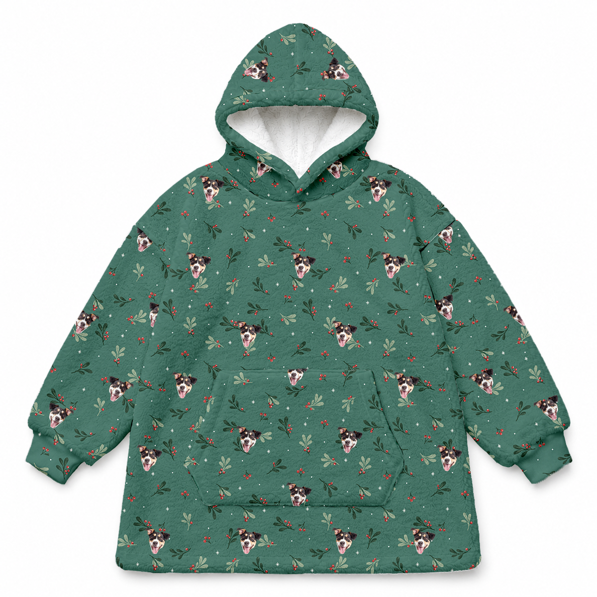 This is a fleece blanket hoodie in a Mistletoe print with repeating pet faces on it[MistletoeFleeceBlanketHoodie]