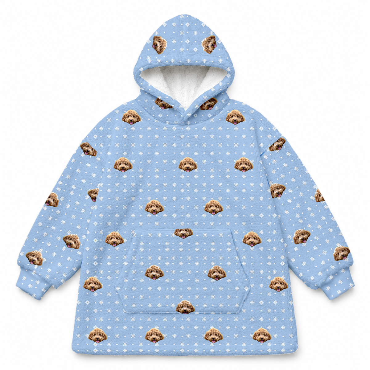 This is a fleece blanket hoodie in a Snowflakes print with repeating pet faces on it[SnowflakesFleeceBlanketHoodie]