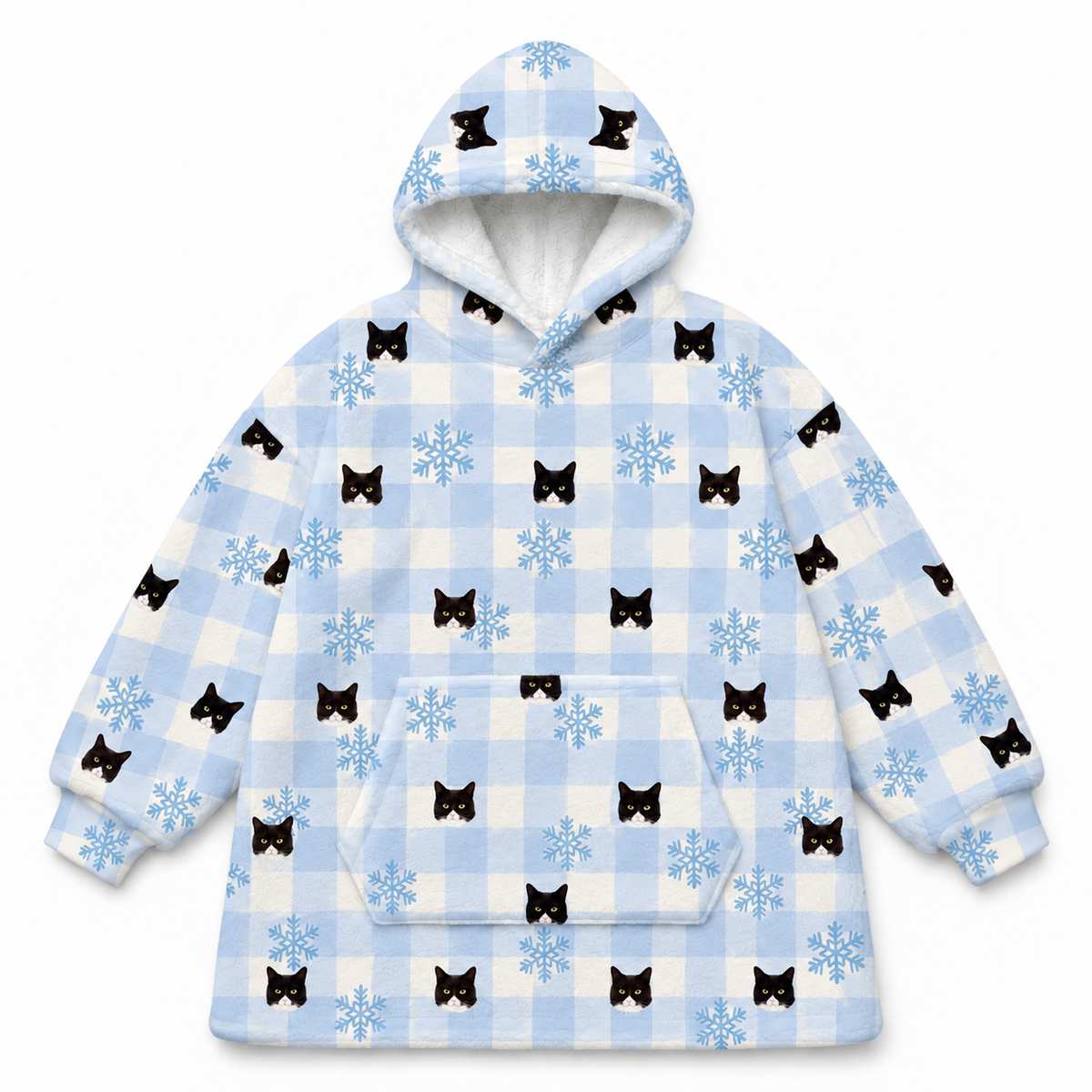 This is a fleece blanket hoodie in a Snowy Gingham print with repeating pet faces on it[SnowyGinghamFleeceBlanketHoodie]