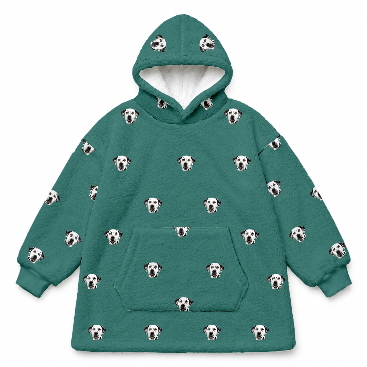 This is a fleece blanket hoodie in a Solid Green print with repeating pet faces on it[SolidGreenFleeceBlanketHoodie]