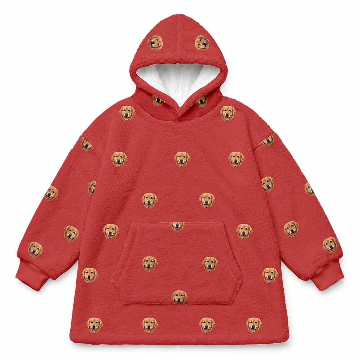 This is a fleece blanket hoodie in a Solid Red print with repeating pet faces on it[SolidRedFleeceBlanketHoodie]