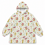 A hooded jacket with a festive all-over print featuring Christmas ornaments, champagne glasses, and the word 'Ojibway' on an off-white background.