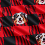 Close-up of the Buffalo Plaid print showing custom pet faces on a red and black buffalo check fabric