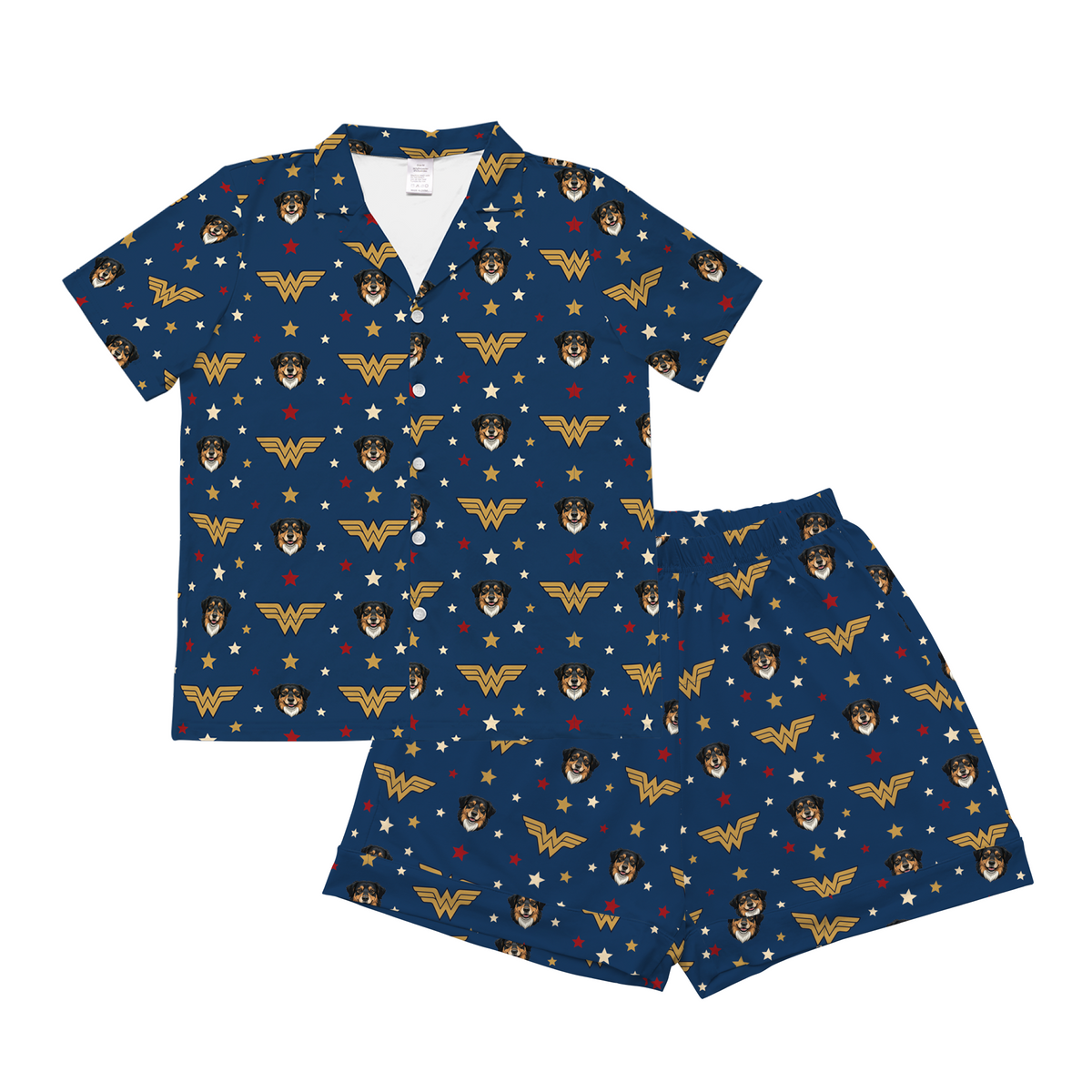 Pajama set with Wonder Woman and dog pattern on a blue background