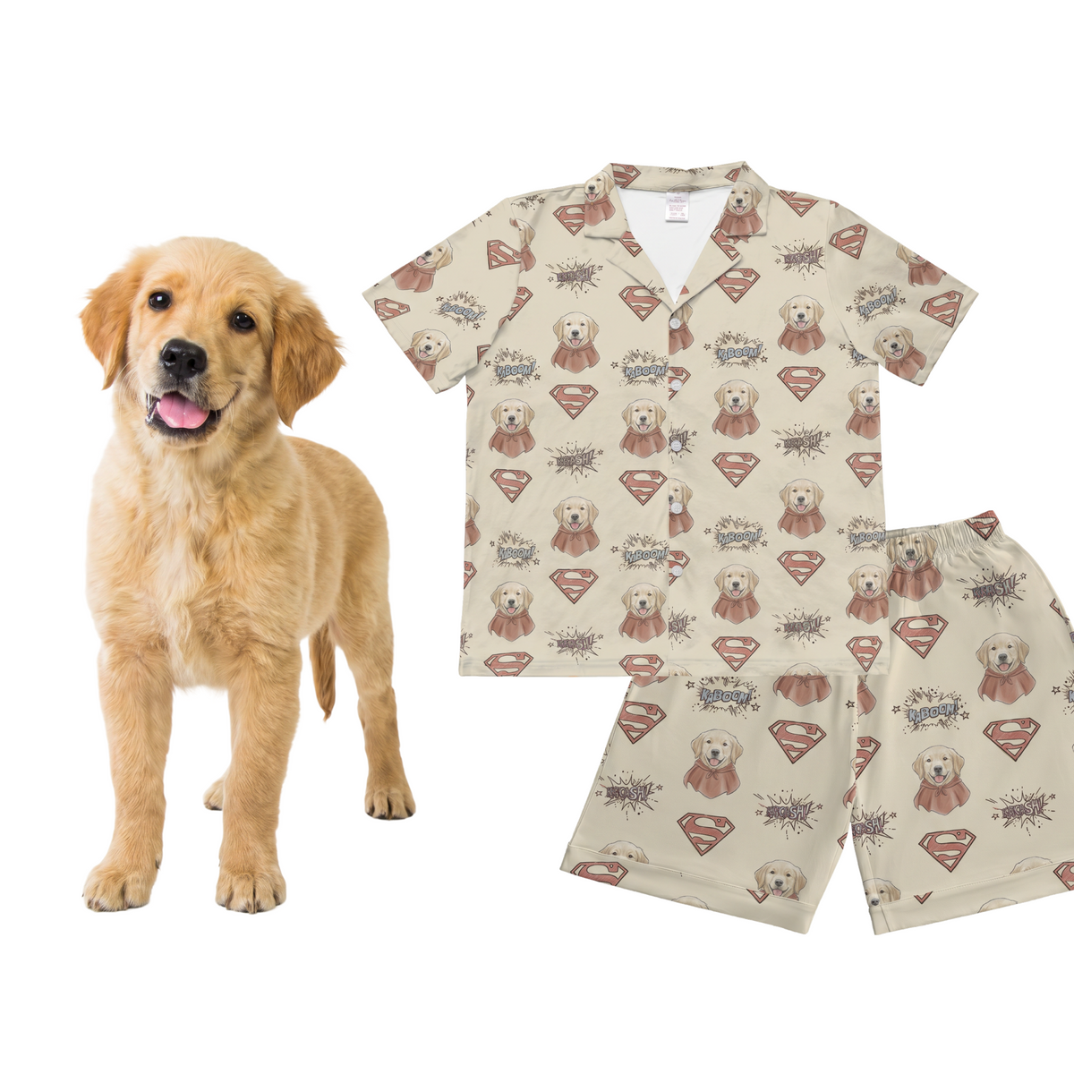 Dog next to a Superman-themed dog pajama set on a white background