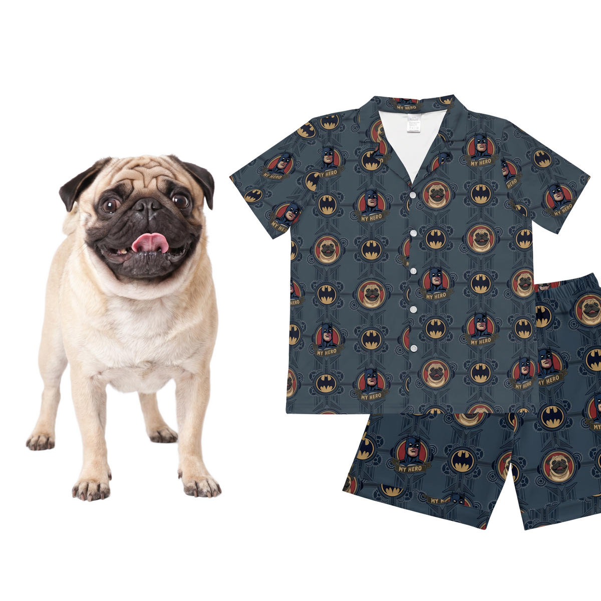 Pug dog next to a matching shirt and shorts set with pug design on a white background