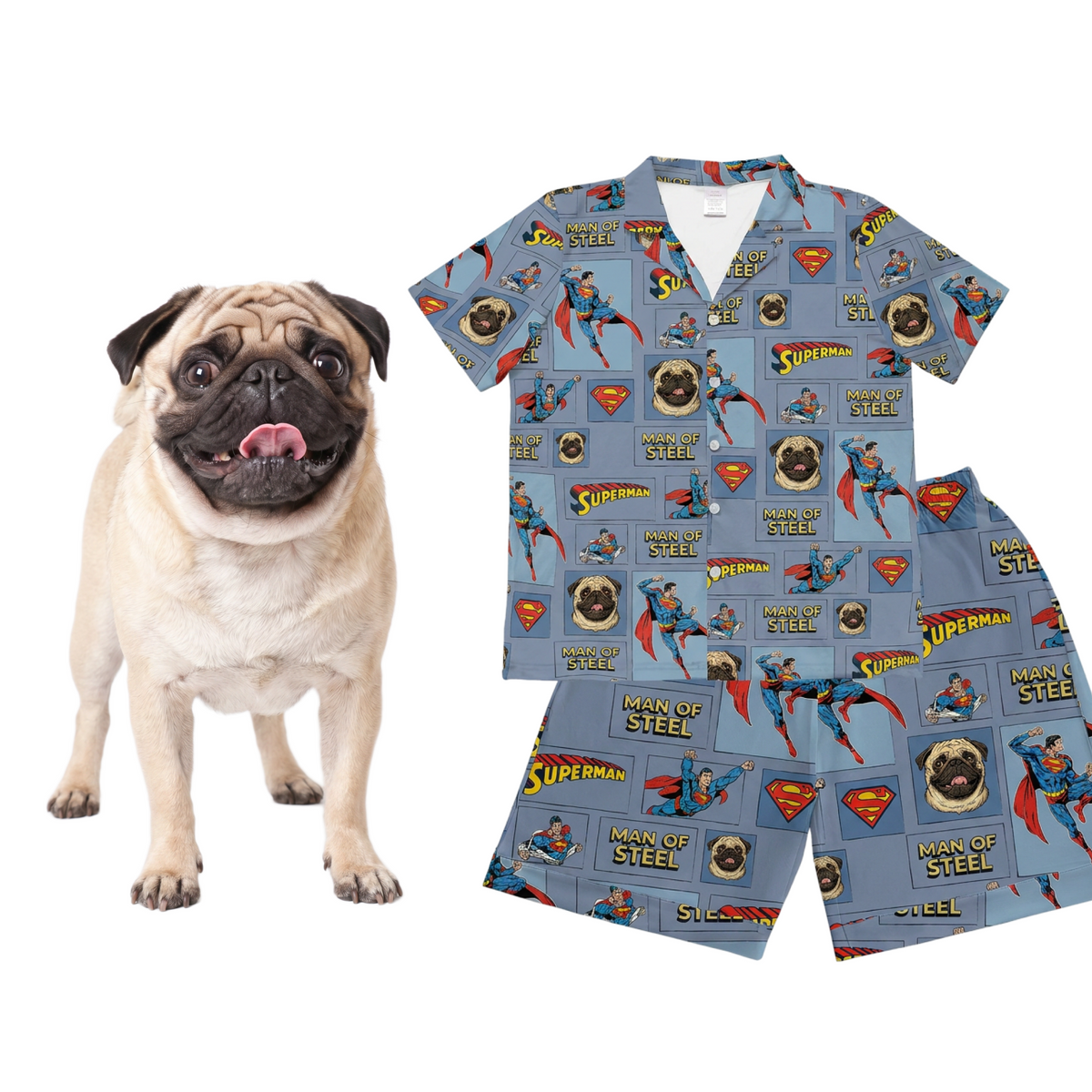 Dog next to a Superman-themed dog pajama set on a white background