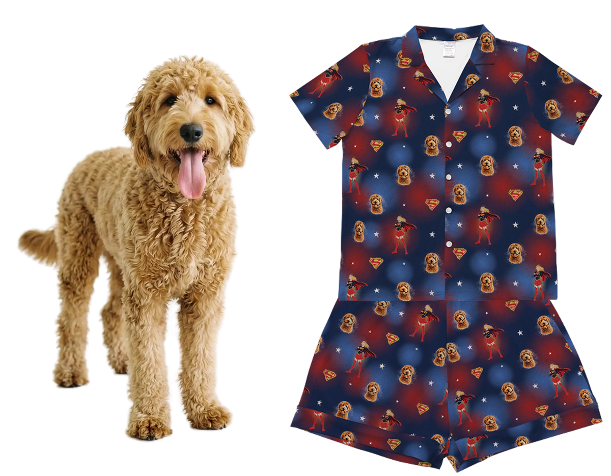 Blue pajama set with red and white pattern on a white background