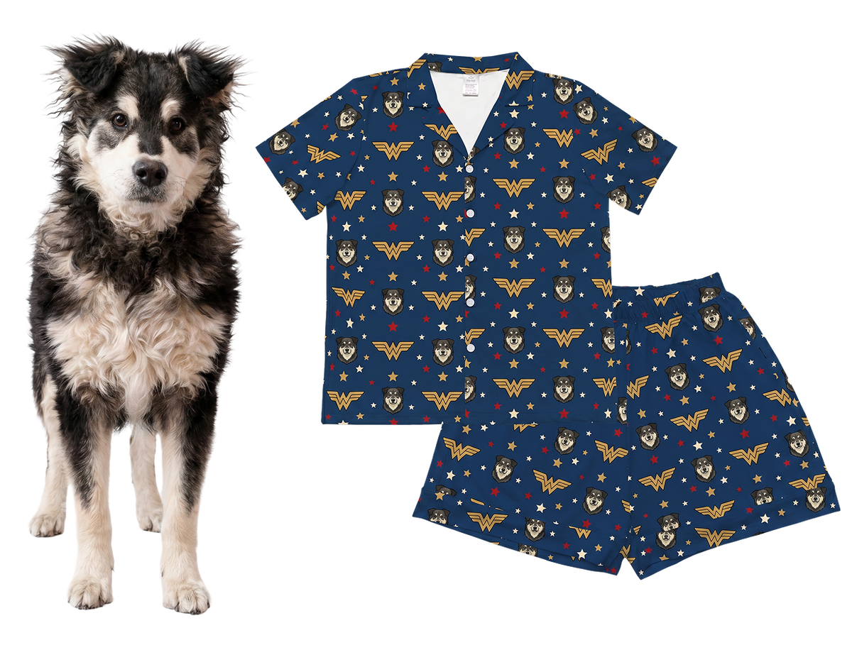 Husky dog next to a matching blue pajama set with dog pattern