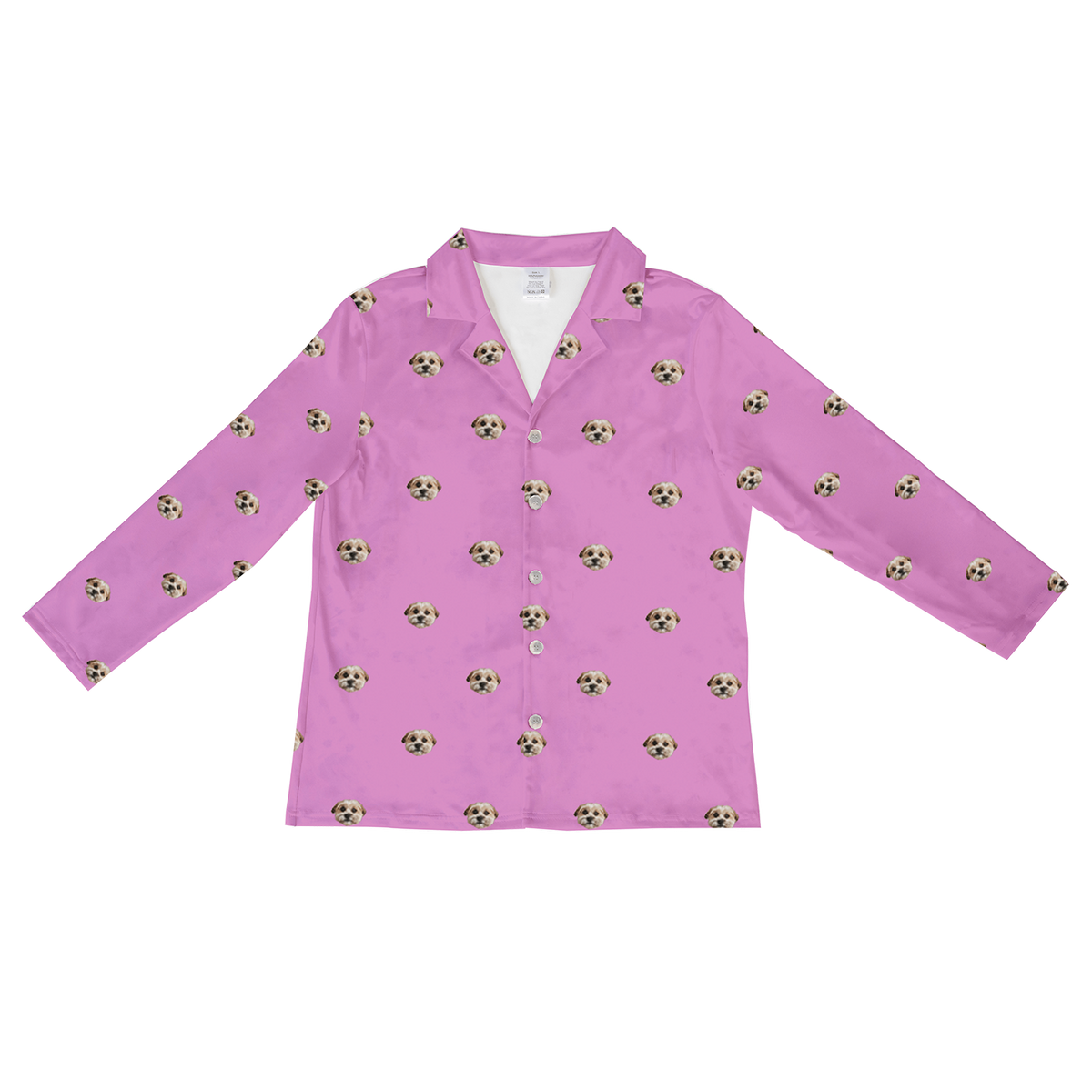 These are pajama long sleeve shirt in a orchid color with repeating pet faces on them[OrchidLongSleevePajamaShirt($53.00)]