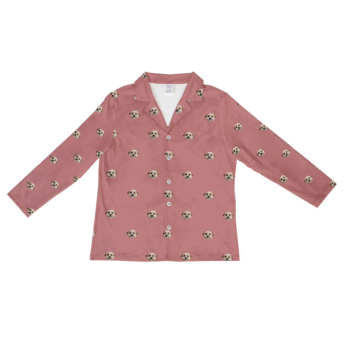 Dusty rose long-sleeve pajama top featuring an all-over pattern of a small dog’s face, button-down front, and notched collar.