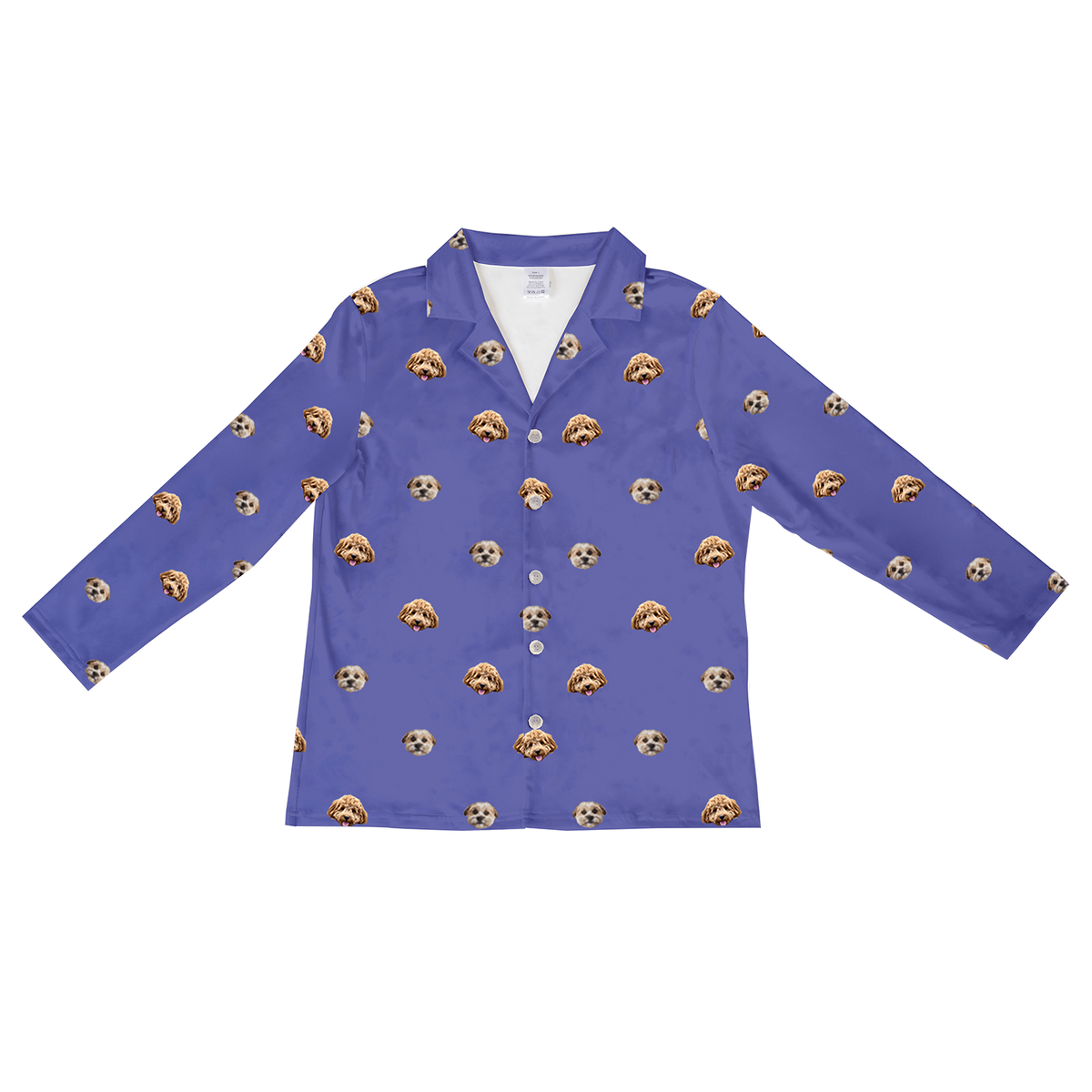 A single long-sleeve, button-down pajama top in a deep grape purple color. The fabric features a repeating pattern of small, cropped photos of two different dogs' faces.