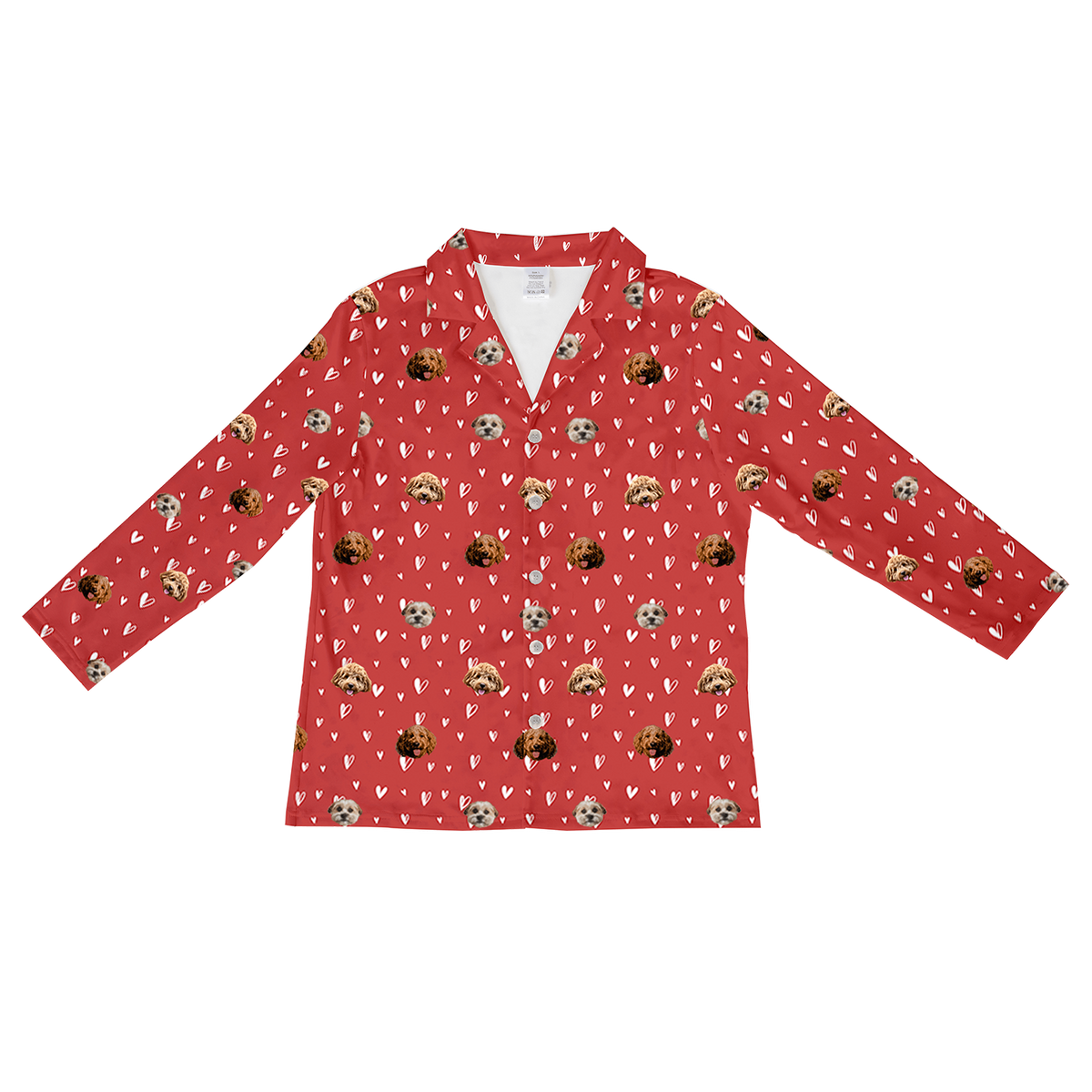 Red long-sleeve button-down pajama top patterned with white hearts and the custom photo heads of three different dogs (two reddish-brown, one light-colored).