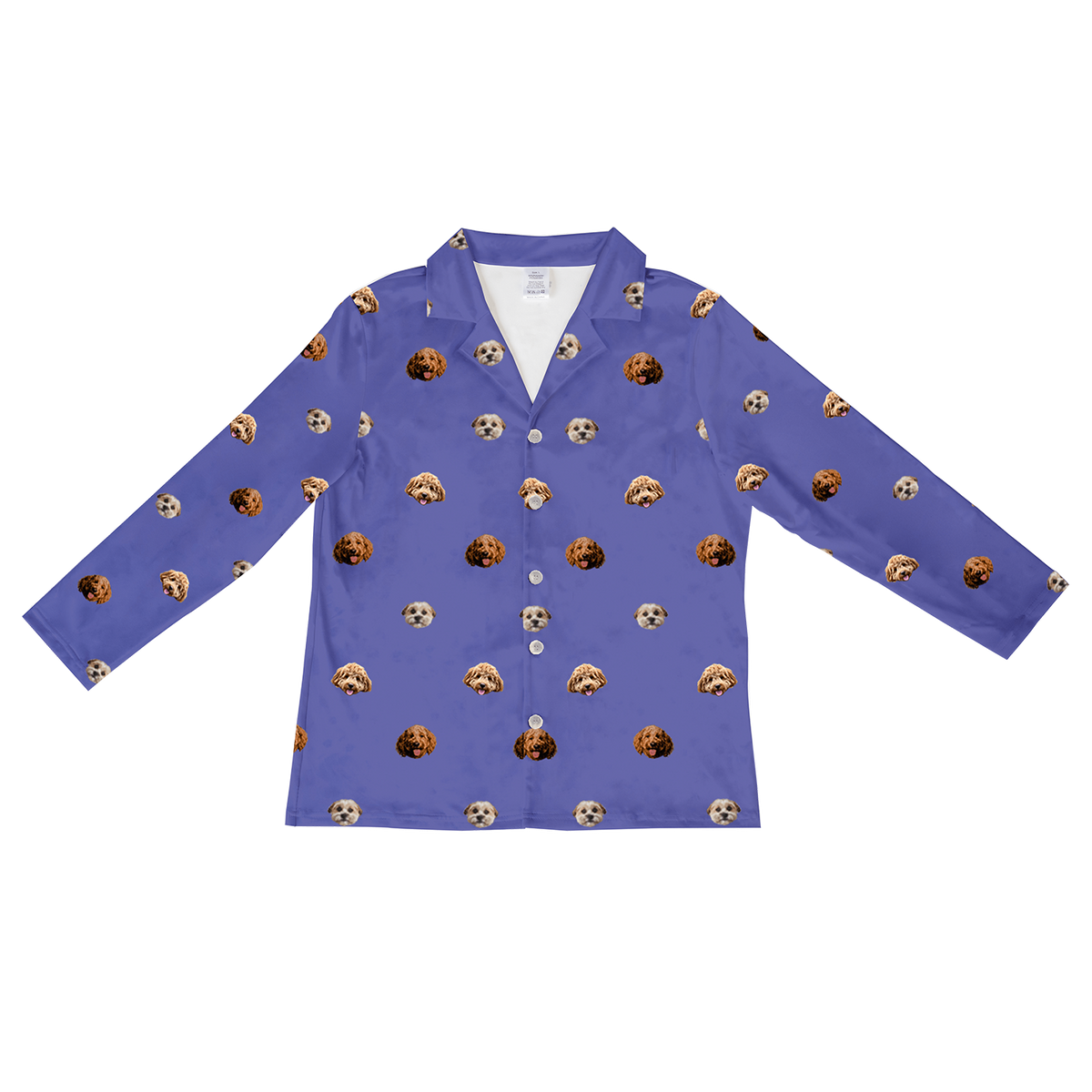 A single long-sleeve, button-down pajama shirt in a solid medium purple/grape color. The fabric is covered in a repeating, all-over pattern of small, cropped dog faces, featuring three different types of dogs.