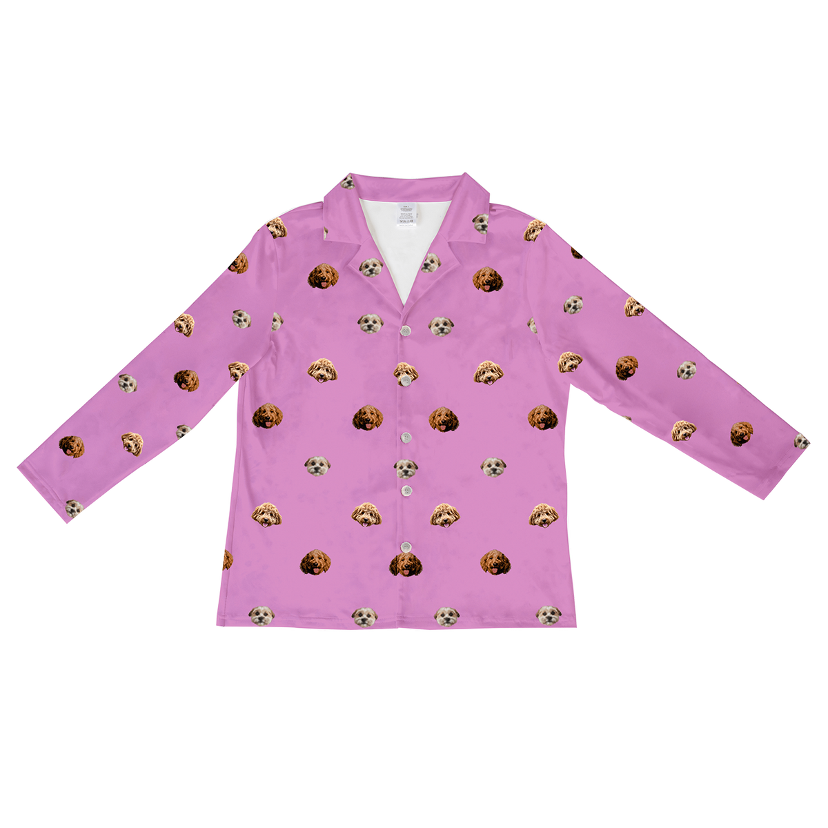 A long-sleeved, button-down pajama top in an orchid color. It features an all-over repeating pattern of the faces of three different small dogs.