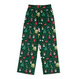A pair of dark green Christmas-themed lounge pants featuring an all-over print of dogs dressed as Santa Claus, Christmas trees, sleighs, and holiday icons on a white background.