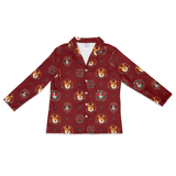 A long-sleeve button-up shirt in deep burgundy with an all-over print of dog portraits in circular frames, displayed flat against a solid white background.