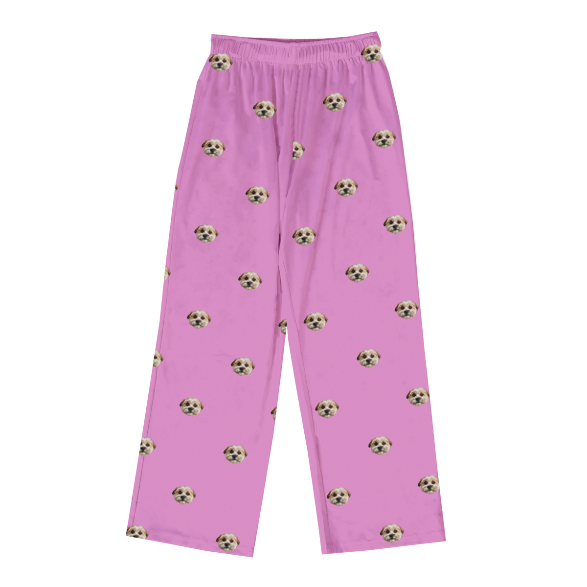 A pair of full-length pajama pants in orchid pink with an elastic waistband. The pants feature a repeated pattern of a single light brown and white dog's face.