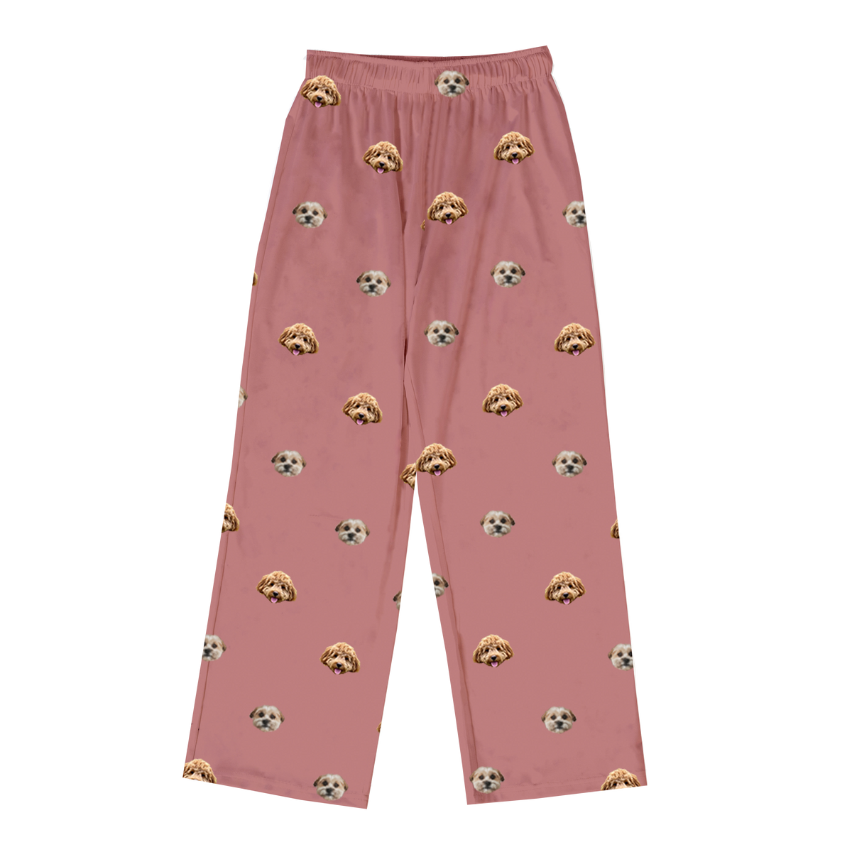 A pair of full-length pajama pants in a dusty rose pink color with an elastic waistband. The pants feature a repeated pattern of two different light brown and white dogs' faces.