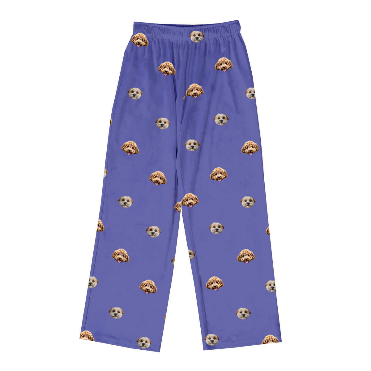 A single pair of full-length pajama pants in a solid medium purple/grape color. The fabric is covered in a repeating, all-over pattern of small, cropped dog faces, featuring two different dog types: