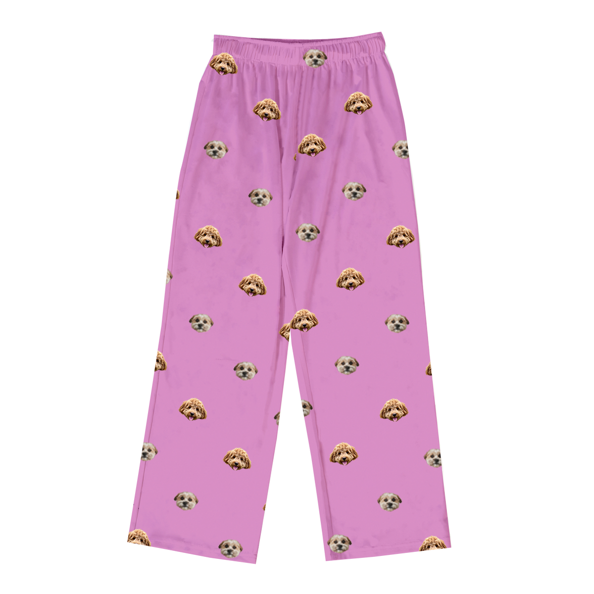 A pair of orchid-colored pajama pants with an elastic waistband and a wide-leg cut. They feature an all-over repeating pattern of the faces of two different small dogs.