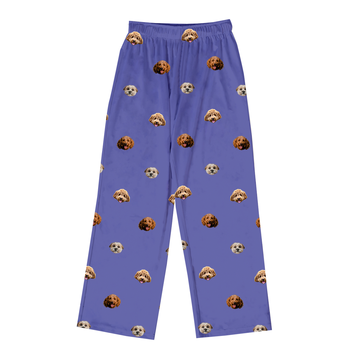 A pair of long pajama pants in a solid grape purple color with an elastic waistband, laid flat on a light gray background. The pants feature a scattered, repeating pattern of three different dog faces.