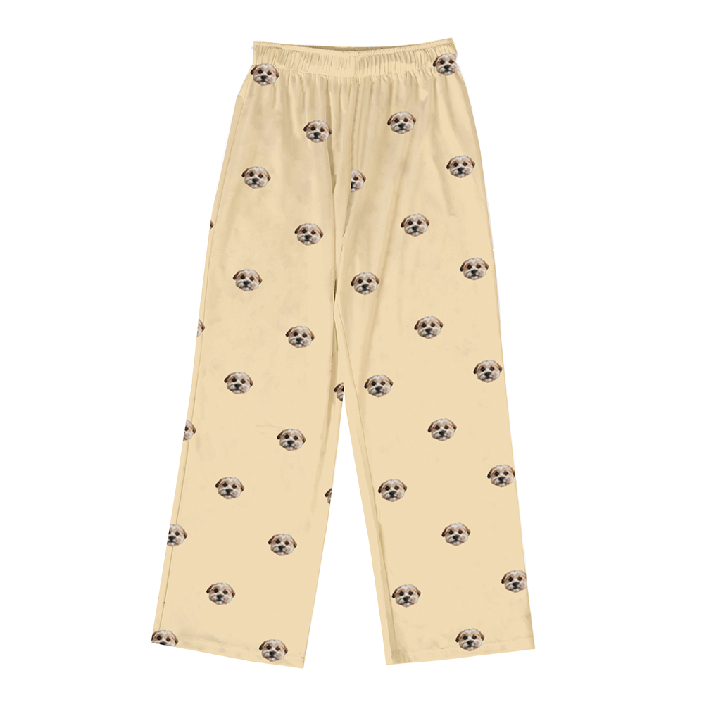 These are pajama pants in a yellow color with repeating pet faces on them[ButterYellow]