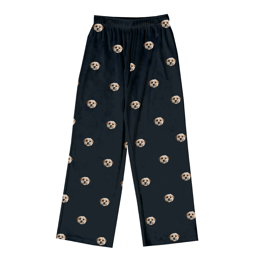 These are pajama pants in a black color with repeating pet faces on them[PajamaPants($53.00)]