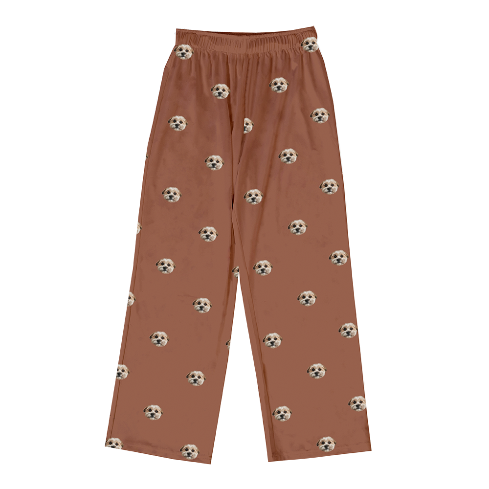 These are pajama pants in a brown color with repeating pet faces on them[PajamaPants]