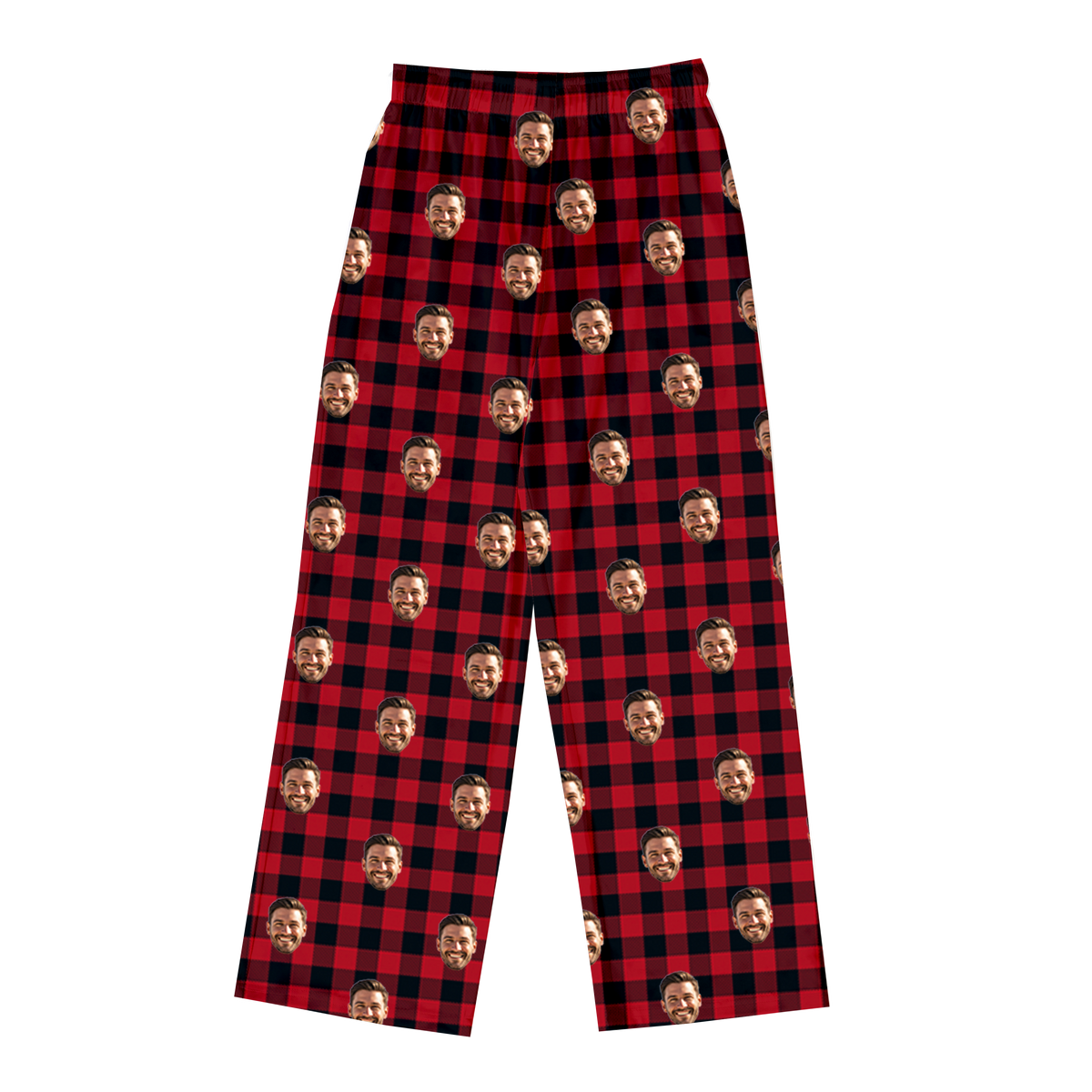 Red and black buffalo plaid pajama pants decorated with a repeating pattern of the same smiling man’s face across the fabric.