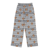 Gray pajama pants with white fair isle pattern and repeating small prints of a smiling woman’s face[HolidaySweaterPajamaPants]