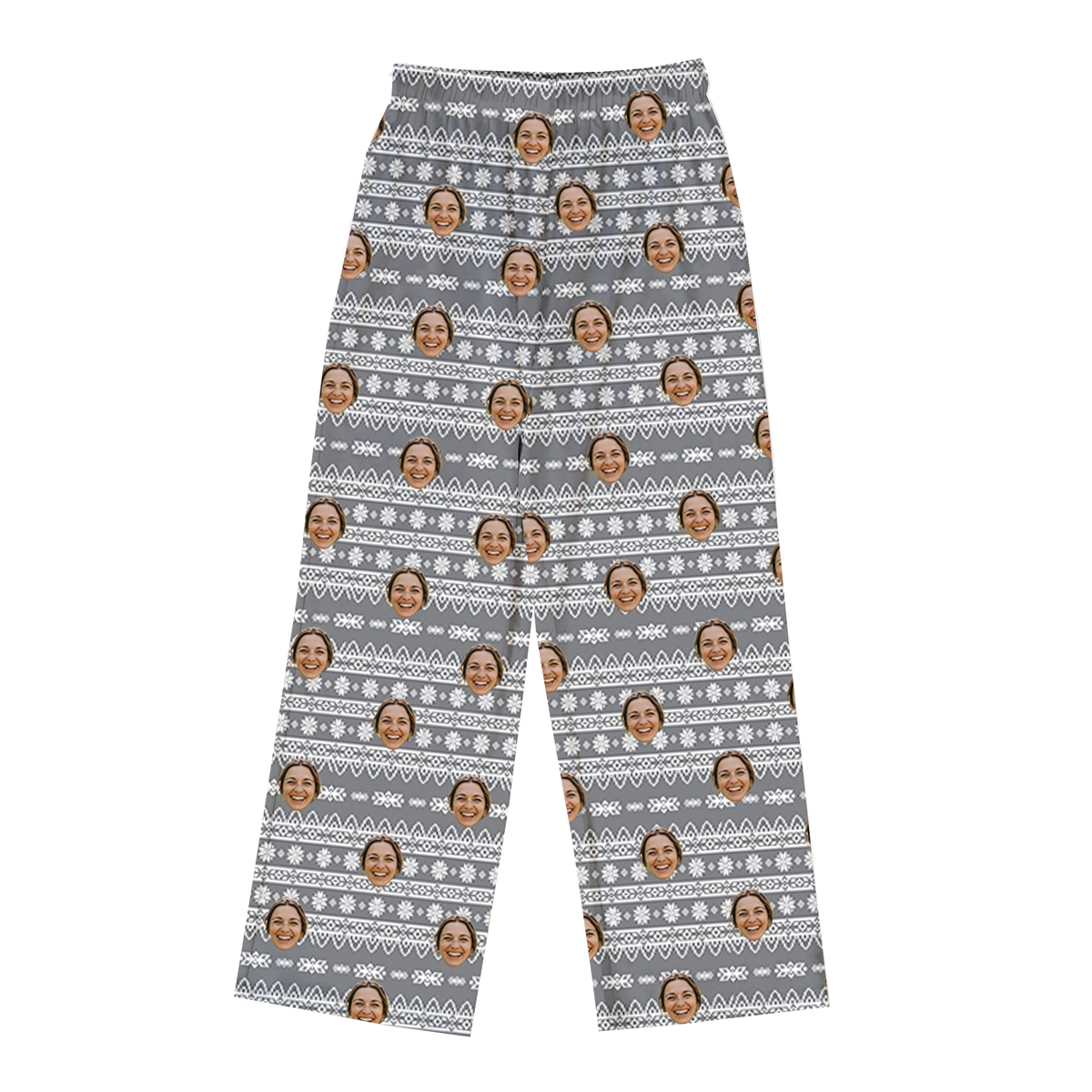 A pair of full-length pajama pants in a gray color with a repeating white fair isle or holiday sweater pattern. The pattern is customized with small, repeating images of a woman's smiling face covering the entire fabric.