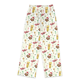 A pair of white lounge pants with an all-over festive Christmas-themed print featuring reindeer, jugs, pine trees, and the word 'Merry'.