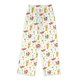 A pair of white lounge pants with an all-over Christmas-themed print featuring golf clubs, pine trees, Santa hats, and the word 'Golf' in red script.