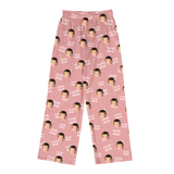 Pink pajama pants with child face prints, “I LOVE MOM” text, and small heart icons scattered throughout[ILoveMomPajamaPants]