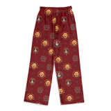 A pair of burgundy pajama pants featuring an all-over print of golden-colored dog faces in circular frames, displayed flat against a white background.